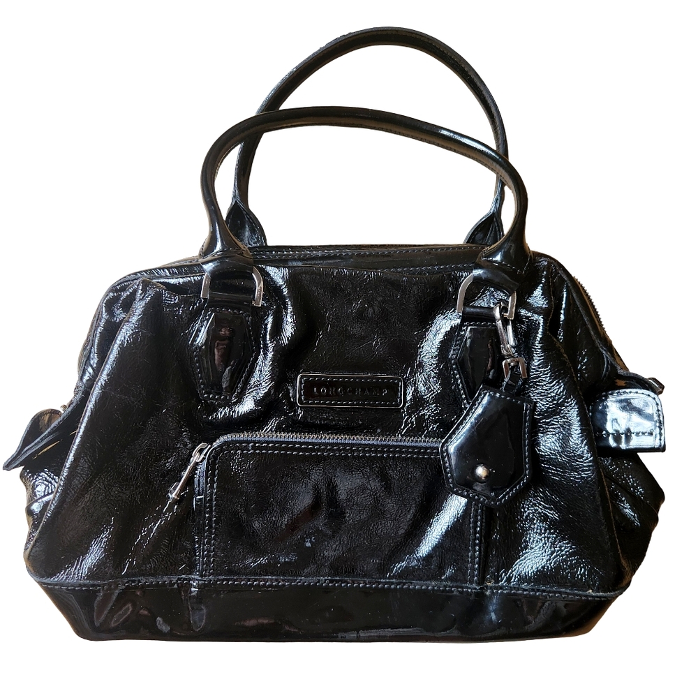 LONGCHAMP Doctor's Bag Boston Bag Patent Leather Black Red Lining 0711861